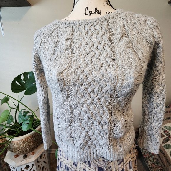 Grey cable knit sweater with waffle knit sleeves and back. - Picture 3 of 5
